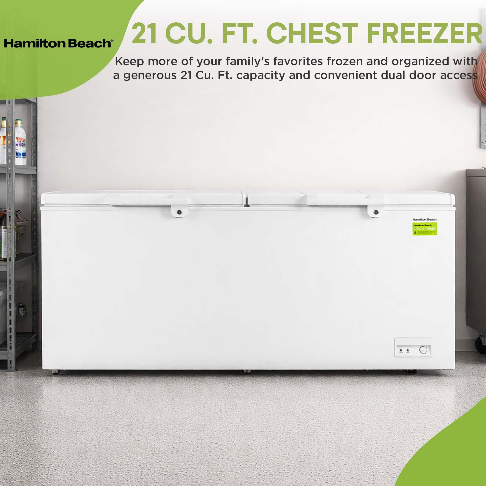 Hamilton Beach 21 Cu. ft. Garage Ready Chest Freezer, Large Capacity Deep Freezer, Double Door Deep Freezer for Garage, Basement, Bulk Storage, White
