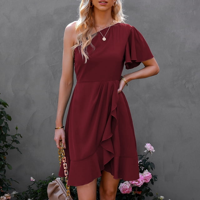 Vestido de un solo hombro, vestido de citas suave de poliéster de manga corta para fiesta Rojo XL LHCER 1