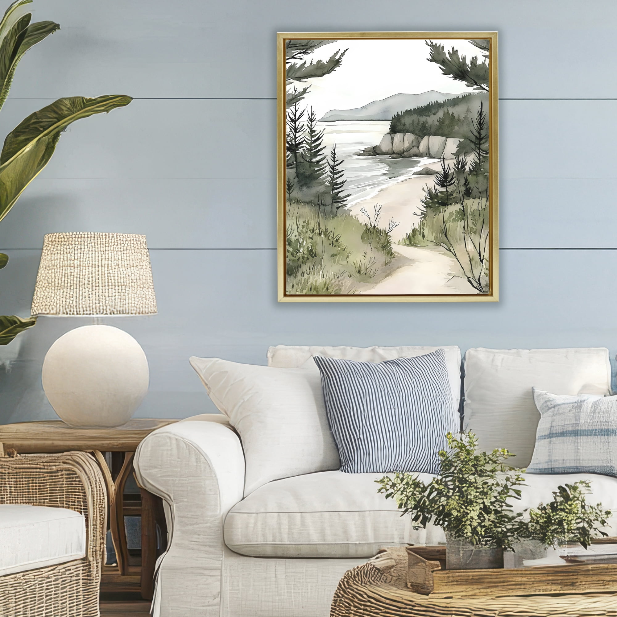 Stupell Industries Coastal Calm Winding Path Gold Framed Floater Canvas Wall Art, design by Riley B