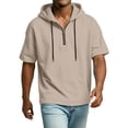 thumbnail image 4 of CCRFTGI Mens Hoodies Short Sleeve Casual Solid Hooded T-Shirts Quater Zipper Drawstring Summer Mens Shirts Trendy Gym Workout Sweatshirts Khaki L, 4 of 8