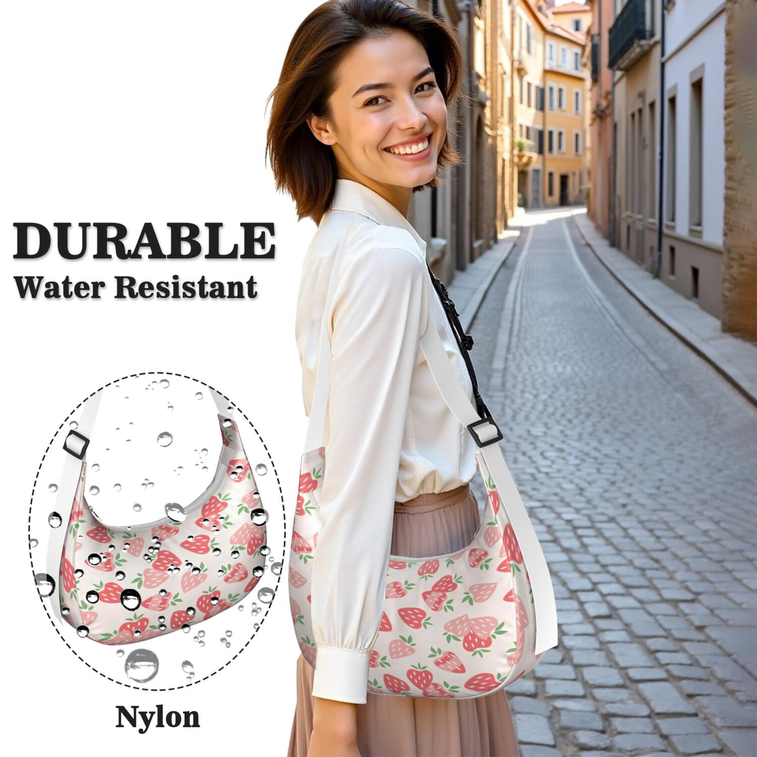 Sweet Strawberry Print Hobo Purse for Women, Red Berry Crossbody Tote, Lightweight Water-Resistant Shoulder Bag, Fresh Summer Fruit Design for Berry Lovers