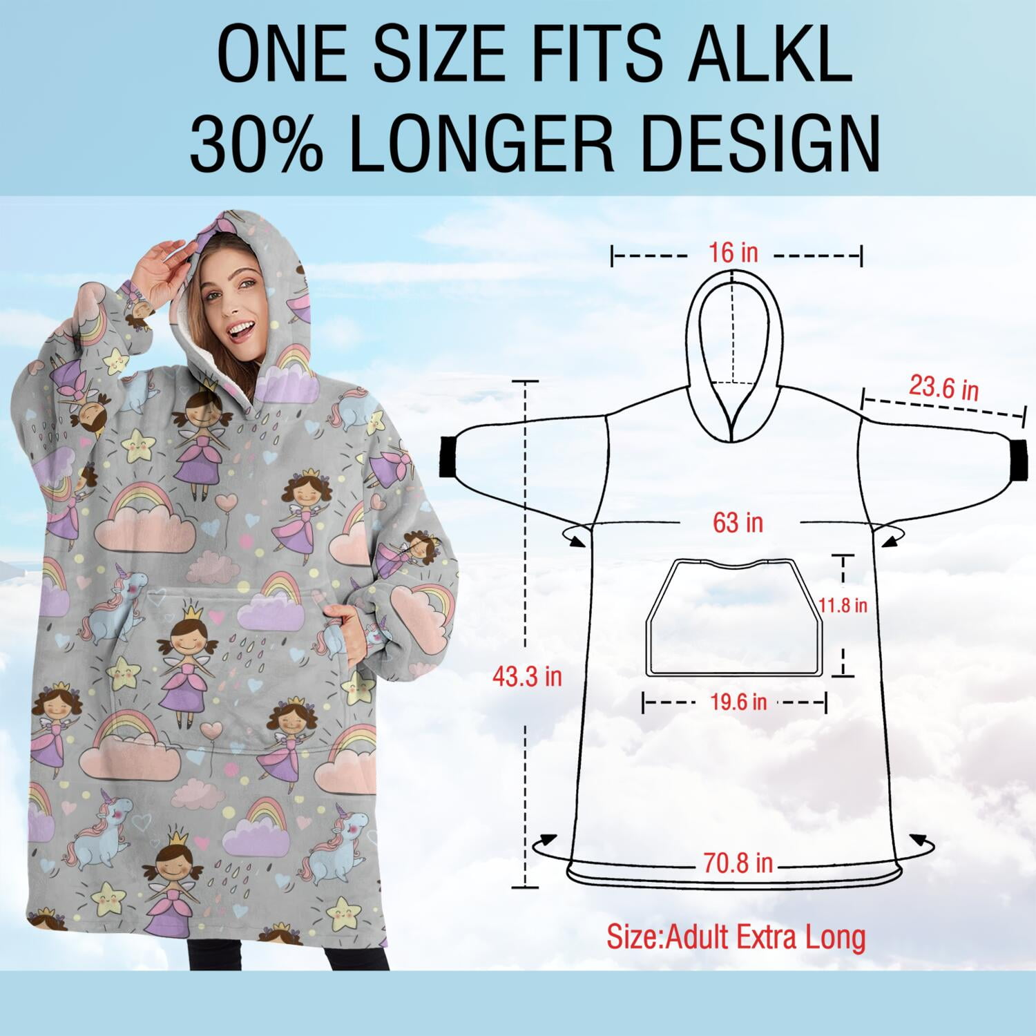 Oversized Wearable Blanket Hoodie,Pastel Princess Unicorn Pattern Sherpa Blanket Hoodie with Super Pockets,Super Warm Fuzzy Pullover for Women & Men