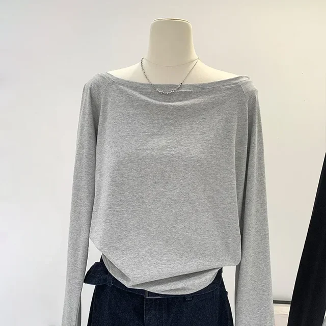 Autumn Winter One Shoulder Cotton Long Sleeve Slant Shoulder Женская одежда с широкими трюфелями в стиле