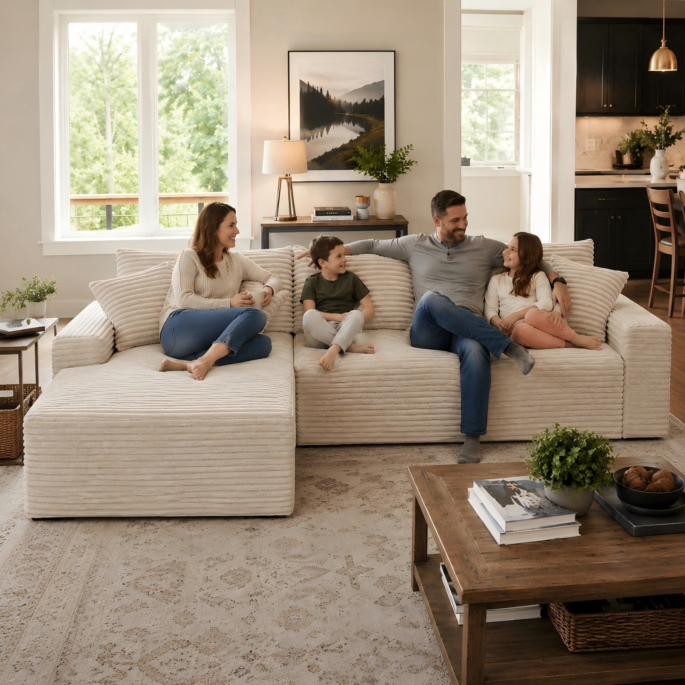 Aukfa 107" Cloud Modular Sectional Couch with Left-Facing Chaise, Corduroy Deep Seat Boneless Sofa for Living Room, Apartment, Camel
