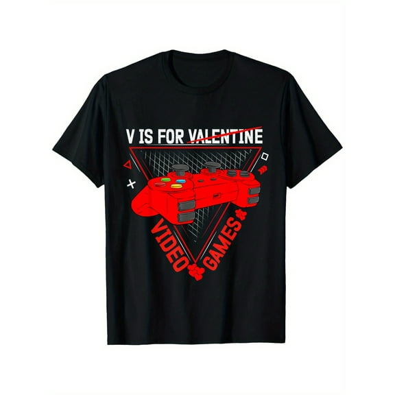 Men's "V Is for Video Games" Valentine's Day T-Shirt - 100% Cotton, Black Short Sleeve with Red Gaming Console Graphic, Casual Style, Machine Washable, Perfect Gift for Gamers, Sizes S-XXXL
