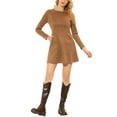 thumbnail image 2 of INSPIRE CHIC Women's Faux Suede Round Neck Long Sleeve Pockets A-Line Mini Dress, 2 of 6