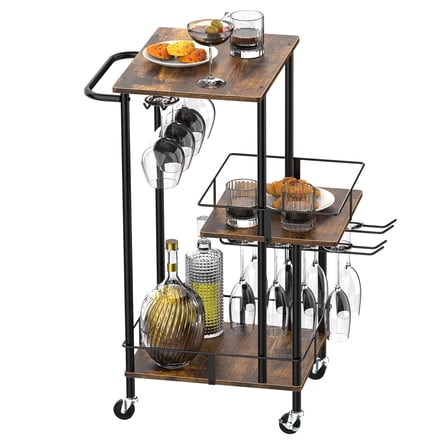 BTY Bar Service Cart with Wheels, 3-layer Rolling Wine Cart, Mobile Beverage Cart for Kitchen, Dining Room, and Living Room, Storage Rack, Country Brown