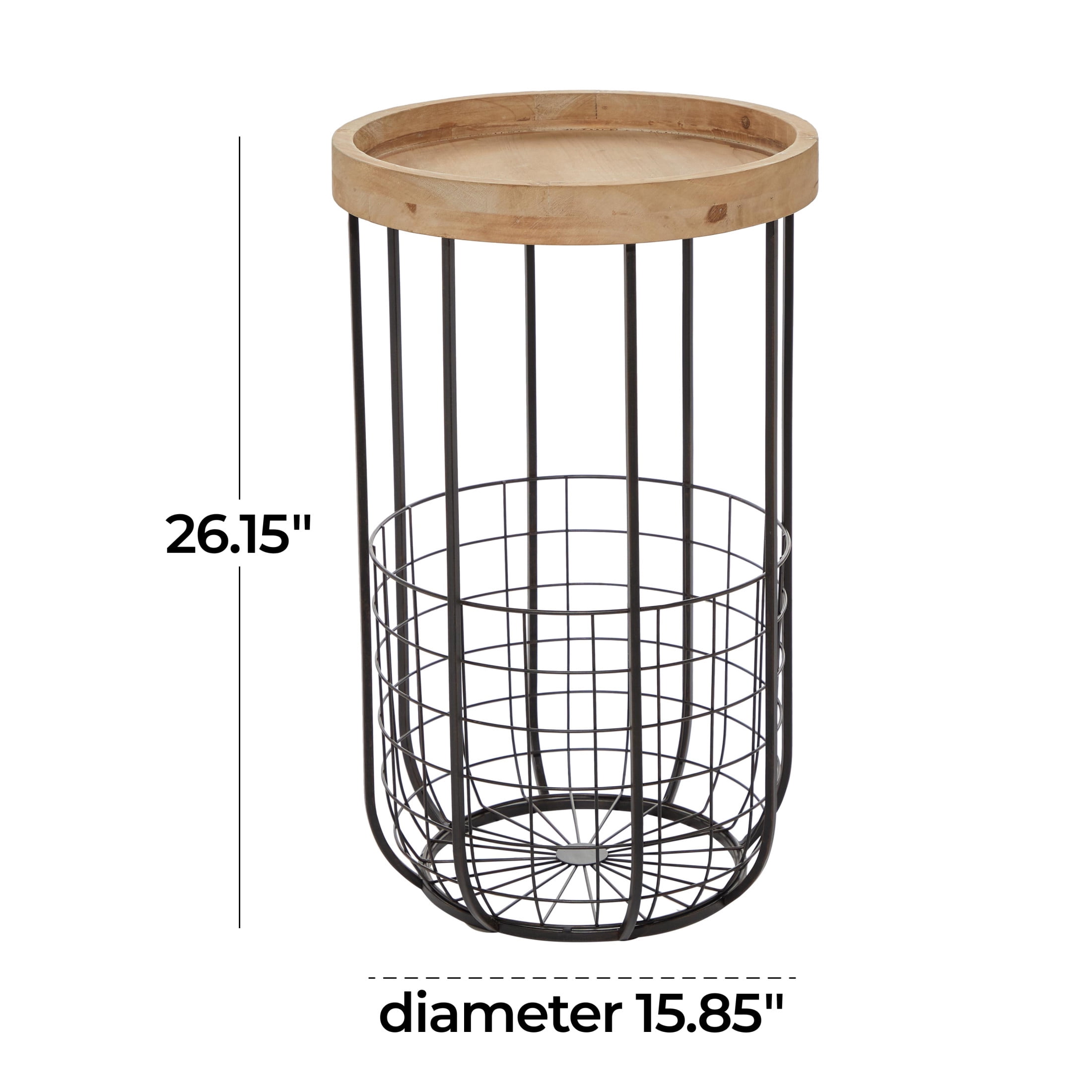 DecMode 16" x 26" Black Metal Wire Basket Storage Accent Table with Brown Wood Top, 1-Piece