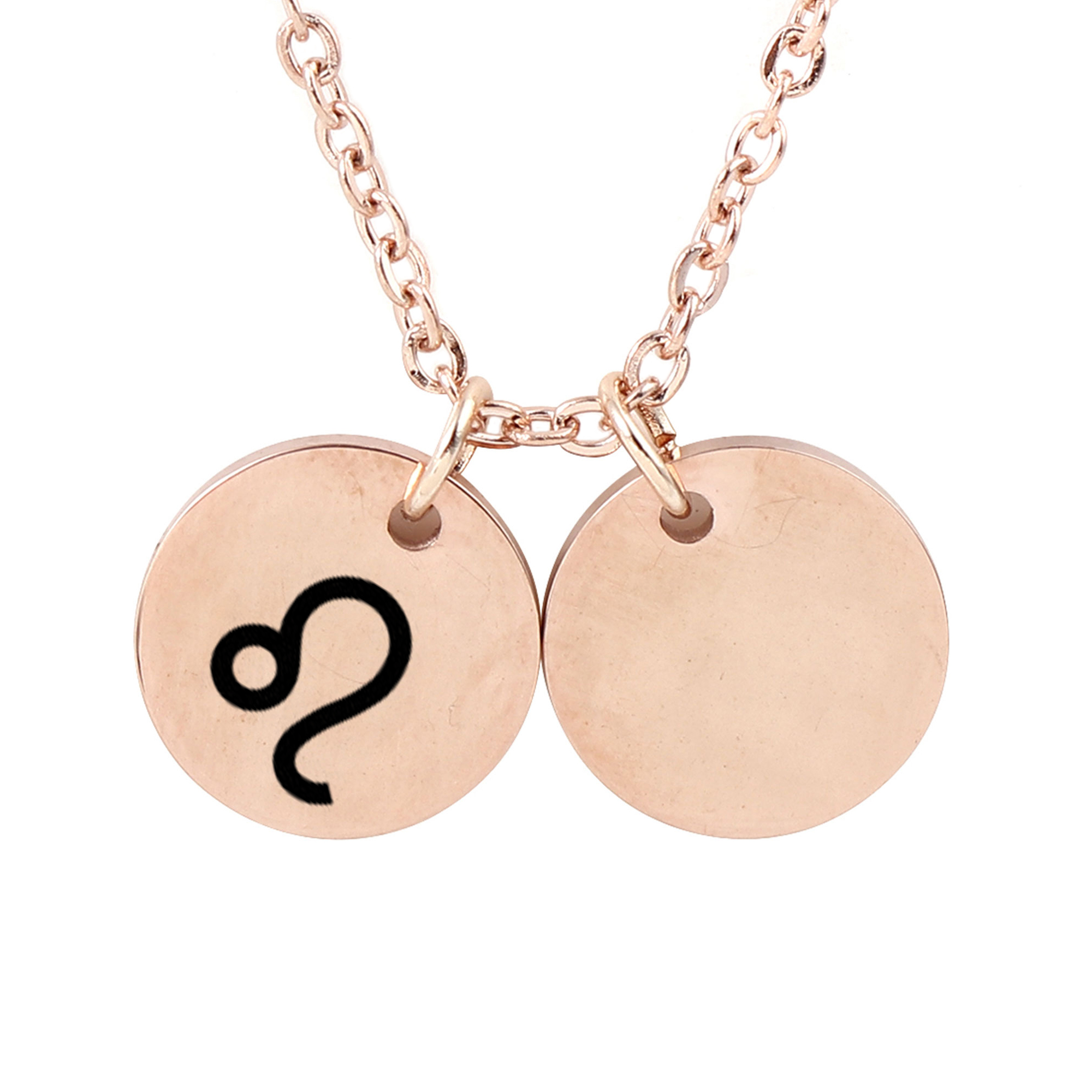 Personalized Round Constellation Initial Necklace - Engraved Zodiac Symbol Jewelry - Christmas Gift for Her - Stainless Steel - 18" Chain - Rose Gold Leo