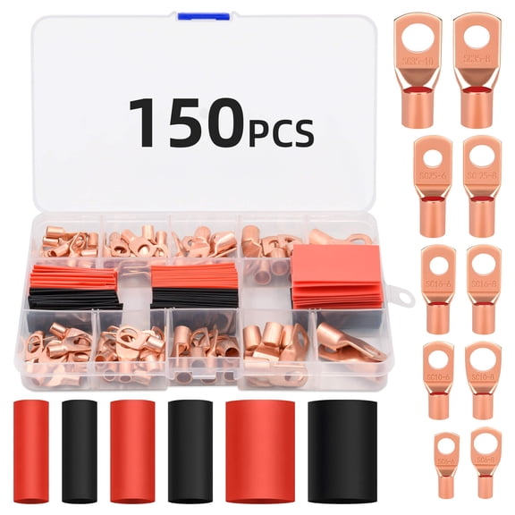 Fixdono 150pcs Battery Cable Ends, Copper Wire Lugs Assortment Kit for Marine Electrical Supplies