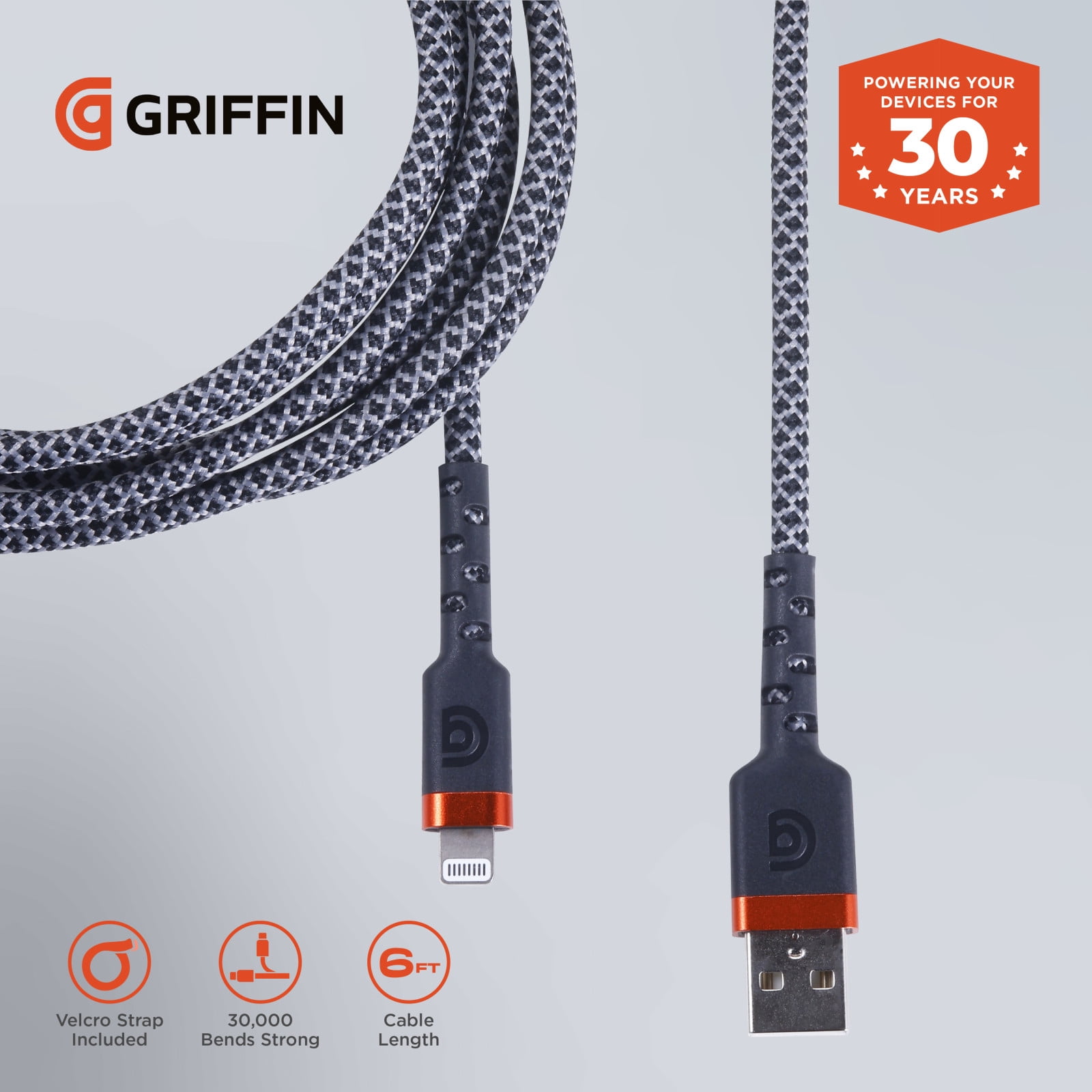 Griffin Ultra Durable 6FT Lightning to USB-A Charge & Sync Cable with Velcro Strap for iPhone, iPad, iPod, Fast Charging, Durable Nylon Braided, Apple Lightning Cable