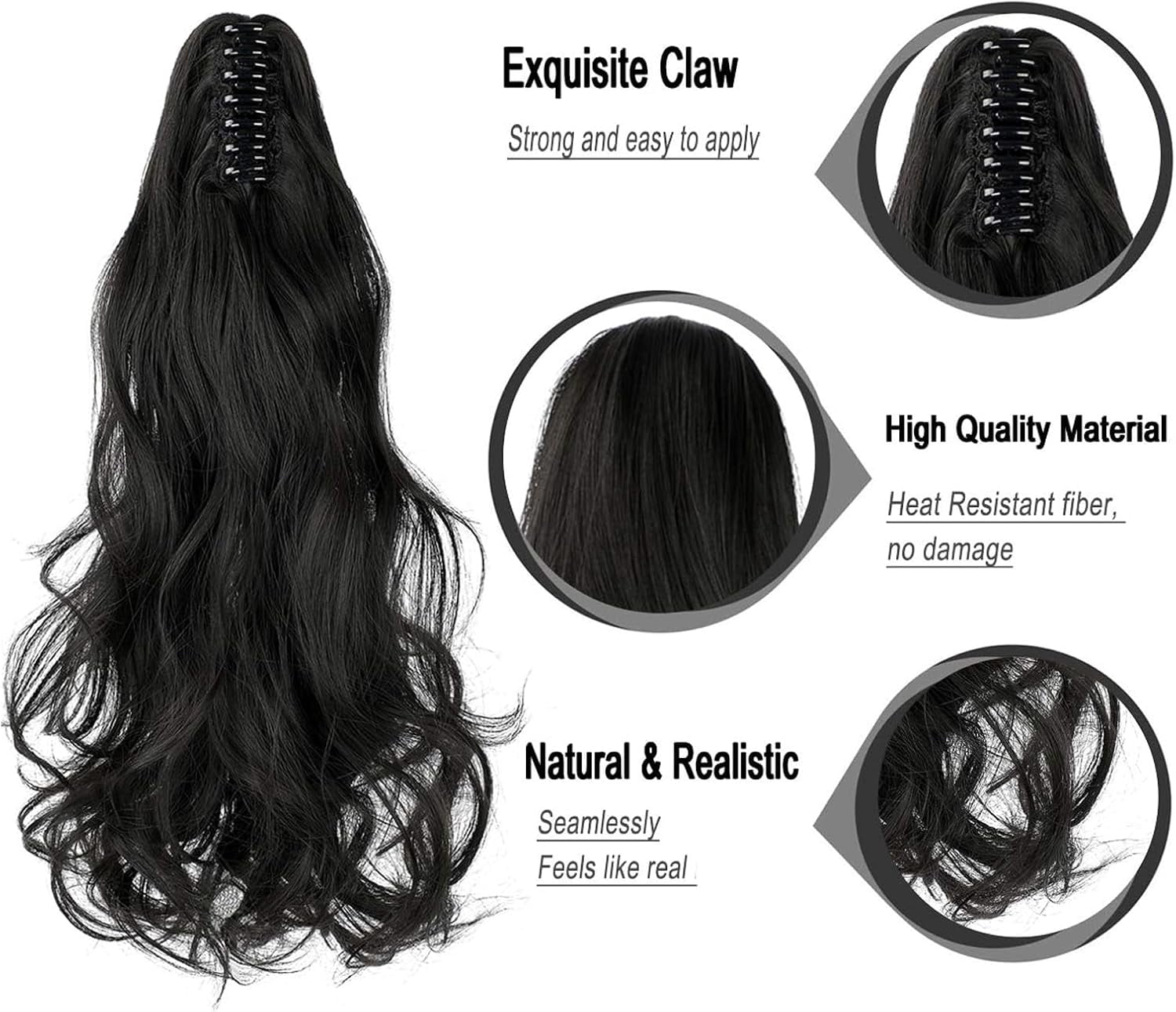 Aorsher Clip in Ponytail Extension, 24 Inch Long Curly Wavy Black Ponytail Natural Wavy Synthetic Hairpiece Pony Tails Hair Extension for Women Daily Use