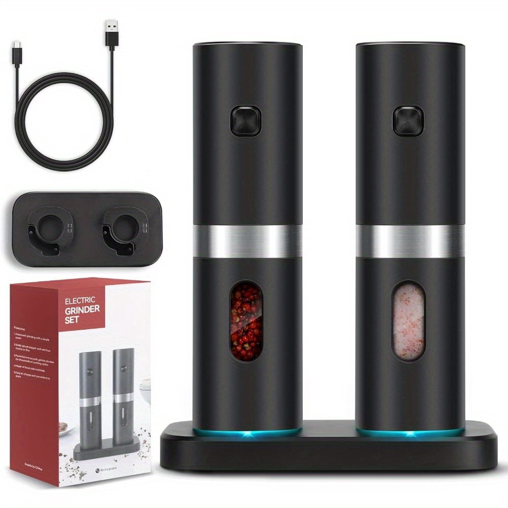 Electric Salt and Pepper Grinder Set, Automatic Salt & Pepper Mill Refillable with Rechargeable Base, USB Cables, 2 Adjustable Coarseness Mills, One Hand Operation, LED Light