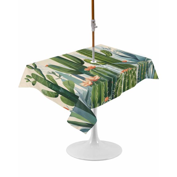 Outdoor Table Cloth with Umbrella Hole and Zipper, Green Cactus Waterproof Rectangle Tablecloth 60"x102", Watercolor Summer Botanical Beige Washable Table Cover for Outside Party Patio Picnic