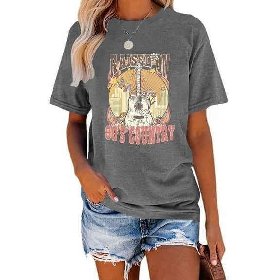 XCHQRTI Country Music Women T-Shirt Raised on 90s Vintage Graphic Tshirt Casual Guitar Shirts