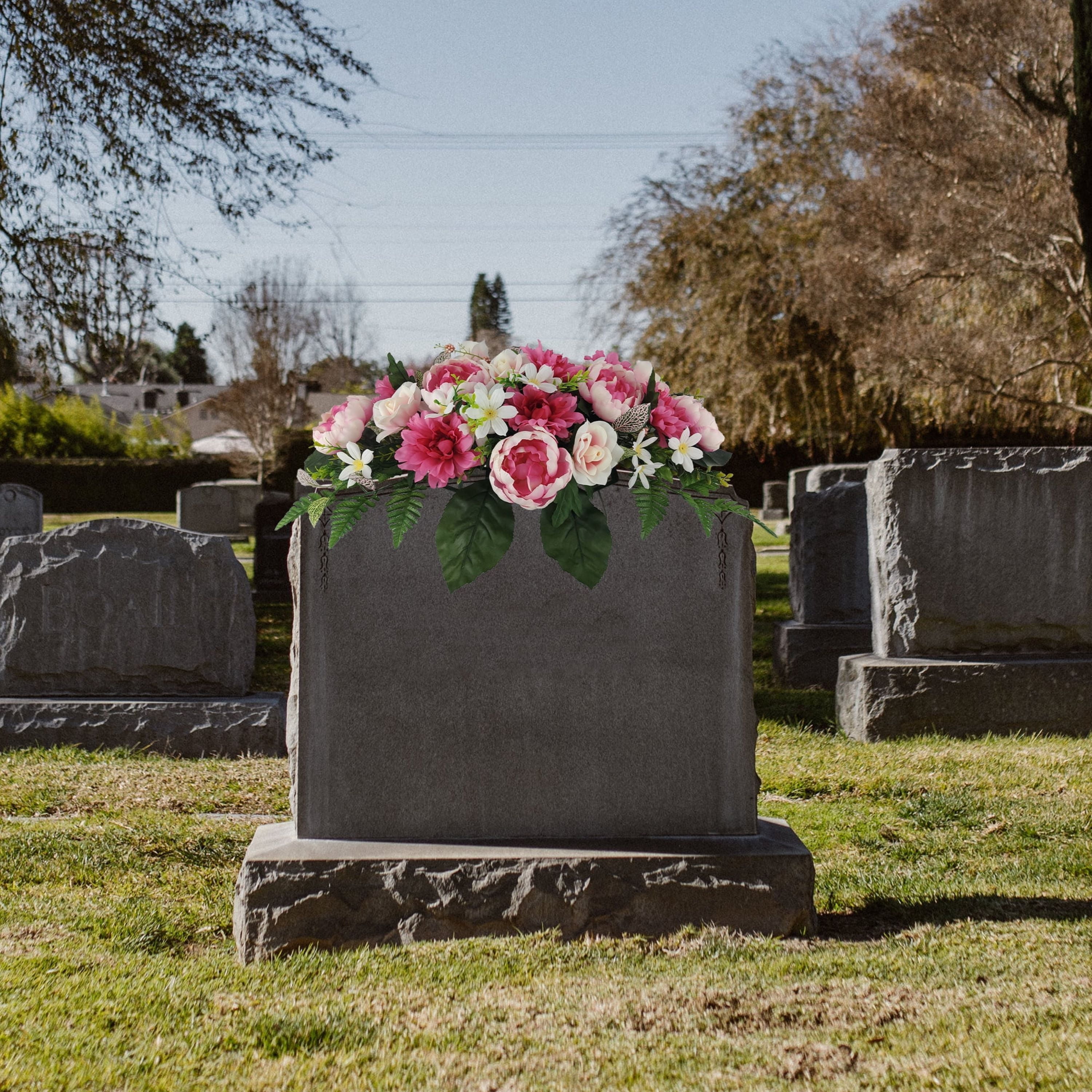 Mainstays 30in Outdoor Artificial Floral Headstone Saddle, Peony in Pink.