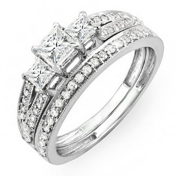 1.00 Carat (ctw) 14k Gold Princess Cut 3 Stone Diamond Ladies Engagement Bridal Ring Set Matching Band 1 CT