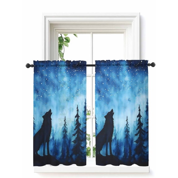 Black Wolf Night Curtains 45 Inch Length, Sheer Curtains for Bedroom Living Room Window Abstract Forest Silhouette Starry Rod Pocket Voile Drapes Kitchen Curtains Small Half Window 42"x45" 2 Panels