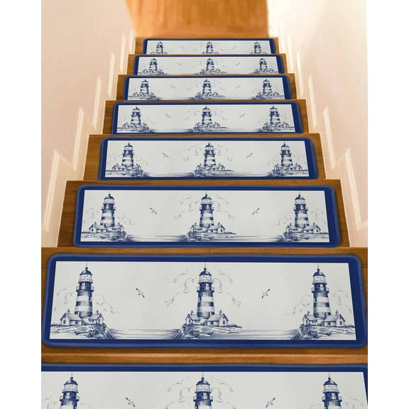 Lighthouse Stair Treads for Wooden Steps Indoor Runner Rug Carpet, Ocean Seagull Vintage Navy Blue Coastal Boat 7 Pieces Peel and Stick Staircase Step Treads Covers Washable Throw Door Mats, 30"x8"