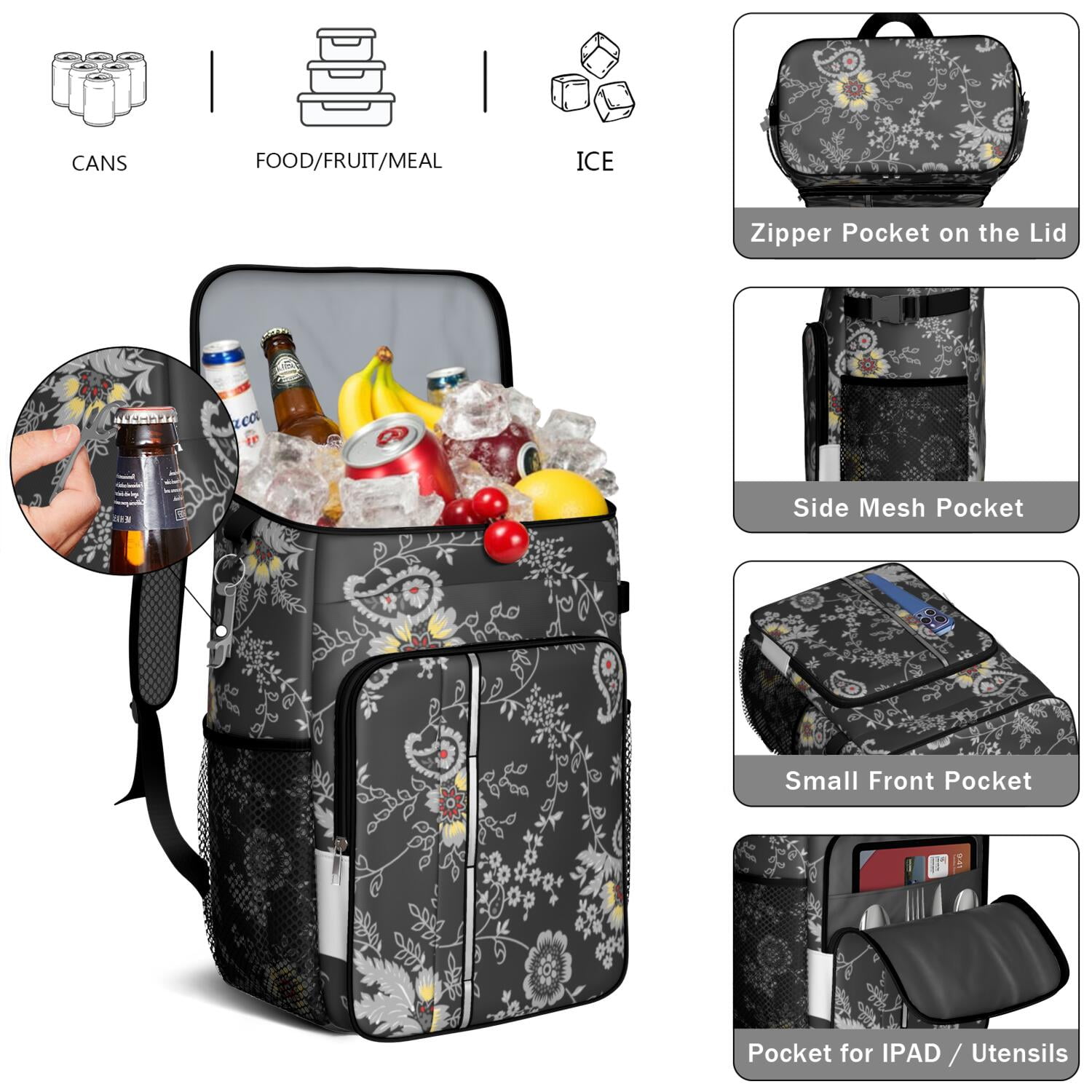 Vintage Cooler Backpack - Insulated 20L Leakproof Lunch Bag, Hippie Retro Style for Camping, Beach & Travel