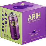 ARIH Dual Biotic Soda, Functional Prebiotic and Postbiotic Soda, Low Sugar, Berry Bliss, 12 fl oz, 4 Pack
