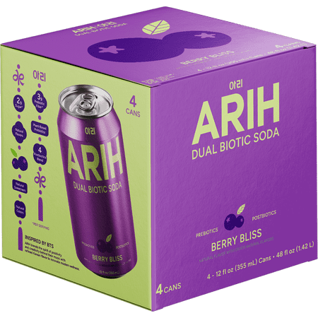 ARIH Dual Biotic Soda, Functional Prebiotic and Postbiotic Soda, Low Sugar, Berry Bliss, 12 fl oz, 4 Pack