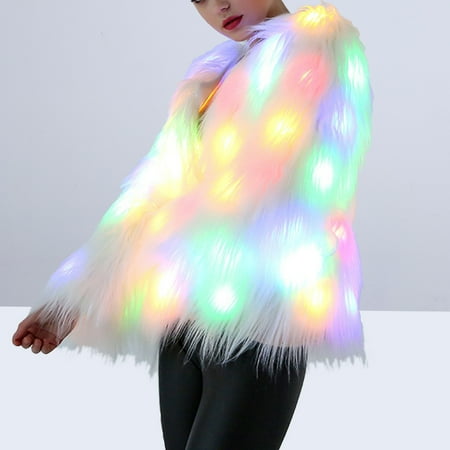 

Women Christmas LED Faux Fur Coat Stage Costumes Nightclub Outwear Dancer Jackets Size XXXL (White)