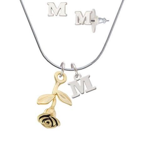 Gold Tone Stemmed Rose – M Initial Charm Necklace and Stud Earrings Jewelry Set