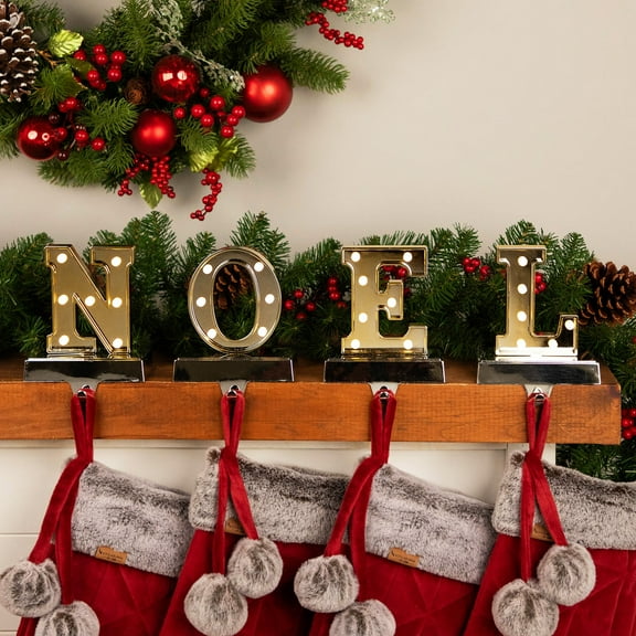 Northlight LED Lighted "NOEL" Christmas Stocking Holder - 6.5" - Gold and Silver - Set of 4