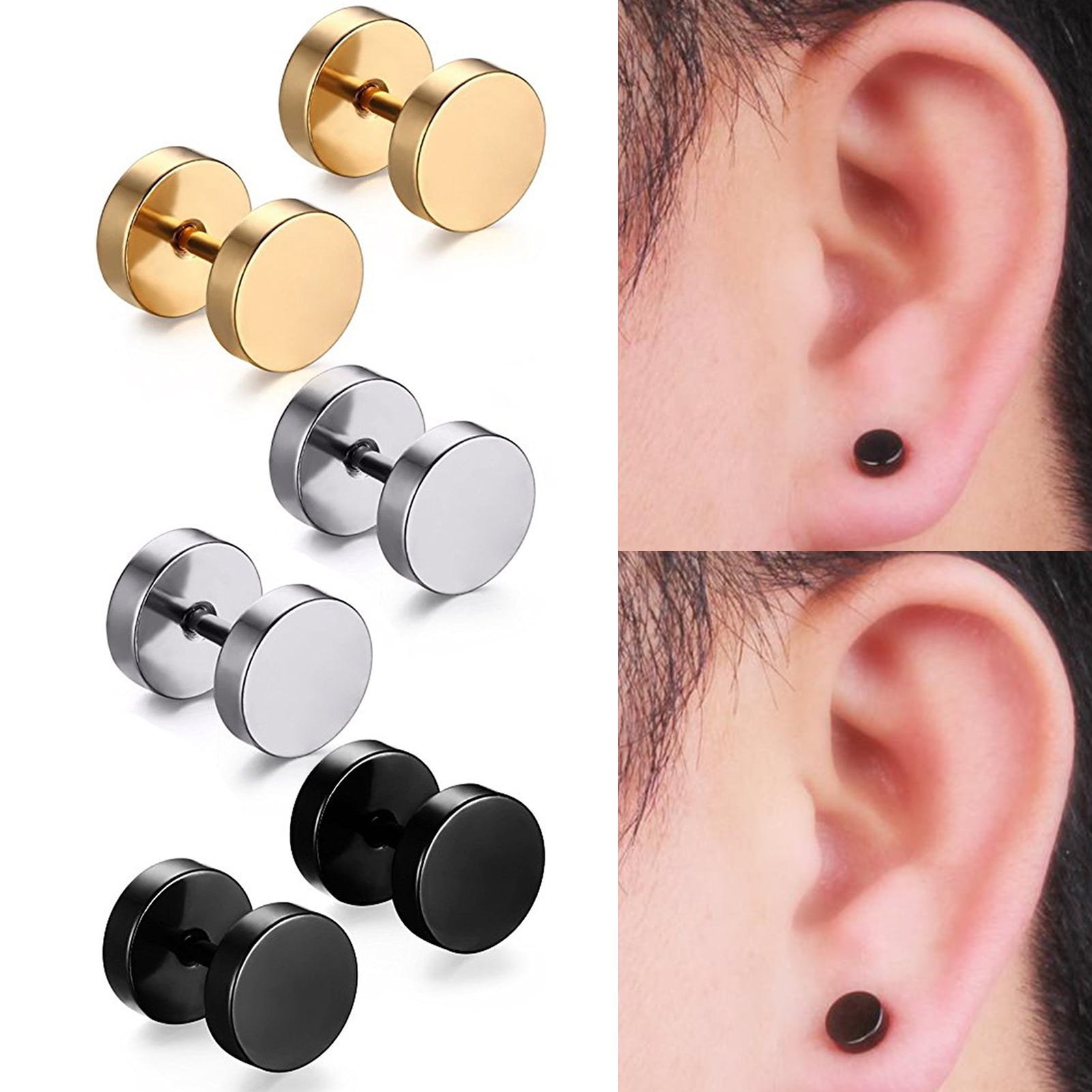 Mens 4 Pairs Stainless Steel Barbell Stud Earrings Set with Om, Radioa –  Urban.Jewelry