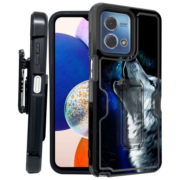 ANJ  Rugged Shockproof Kickstand Hybrid Case with Card Slot and Holster   Tempered Glass Cover for Motorola Moto G Stylus 5G (2023) - Howling Wolf