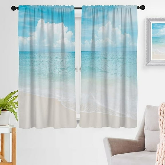 Beach Window Curtain Ocean Coastal Tropical Blue Sky Sea Nautical Seashore Seascape White Cloud Living Room Bedroom Bathroom Curtains 2 Panels Rod Pocket Drapes 26"W x 45"L (Pack of 2)