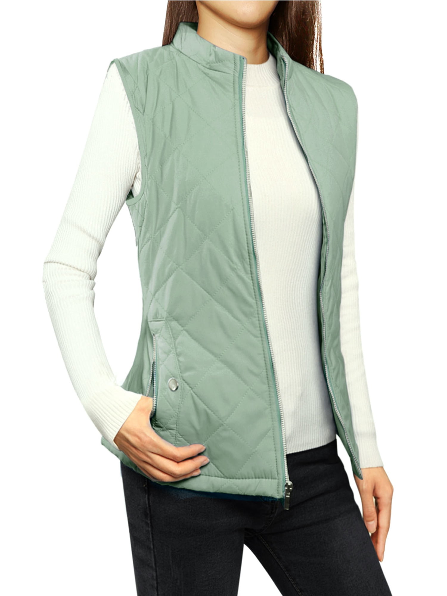 DARING DIVA Women's Zip Stand Collar Quilted Padded Vest M Dusty Green