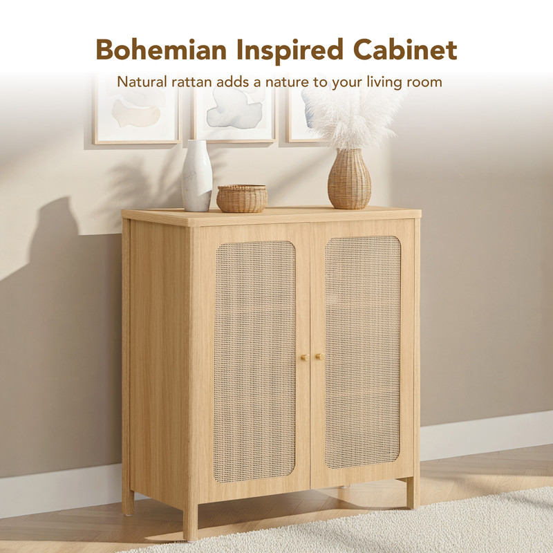 Spruce & Spring Rustic Modern Sideboard with Rattan Doors for Dining & Living Room