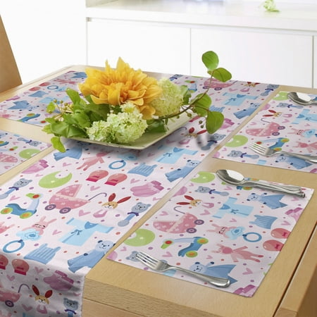 

Cartoon Table Runner & Placemats Teddy Bear Rabbit Bunny Birthday Girls Cheerful Design Set for Dining Table Decor Placemat 4 pcs + Runner 16 x90 Pale Pink Blue Rose by Ambesonne