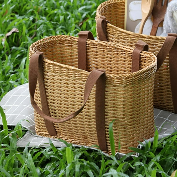 Wicker Picnic Basket, Rectangular Storage Basket with Carrying Strap for  Camping Travel Party