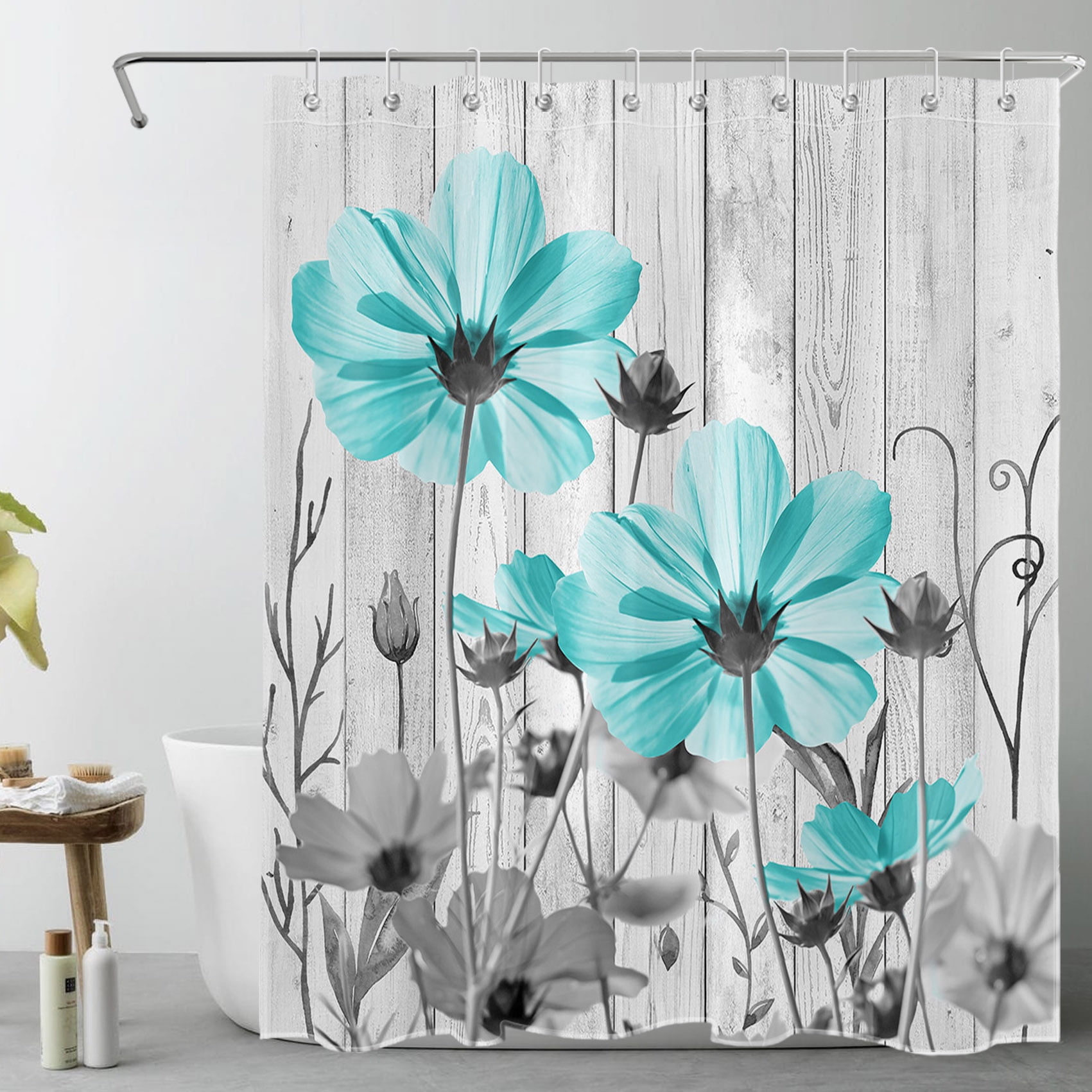 HVEST Blue Flower Shower Curtain,Vintage Watercolor Floral Grey Wooden