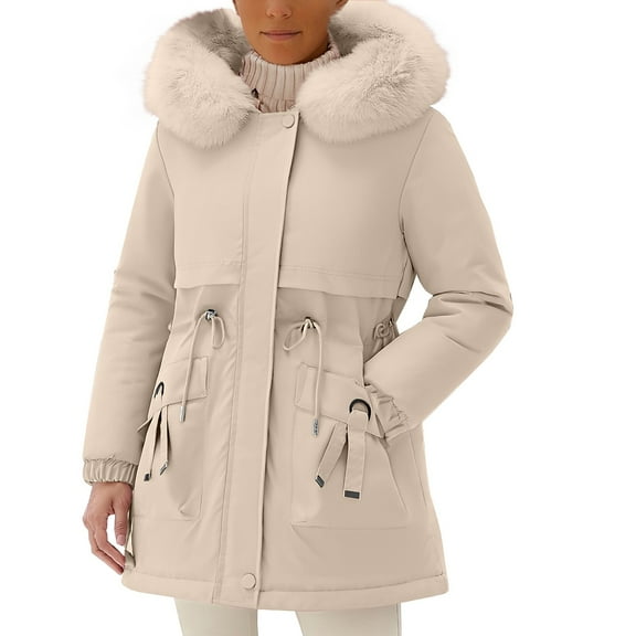 Women's Parka Style Winter Coat, Mid-Length Quilted Lined Hooded Jacket, Plus Size Loose Fit Warm Outerwear, Knee-Length Cotton Parka for Cold Weather, Elegant Longline Winter Coat for Women Beige L