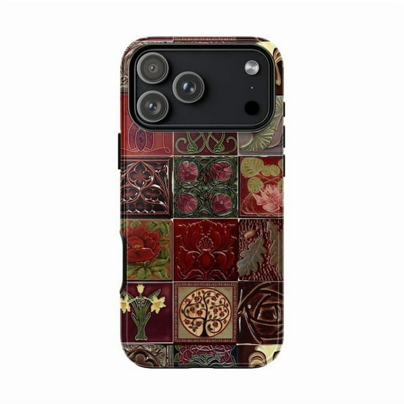 Dark Victorian Tile Art Phone Case, Rich Red & Green Floral Mosaic Cover for iPhone 17 16 15 14 13 12 11 Pro Plus Mini