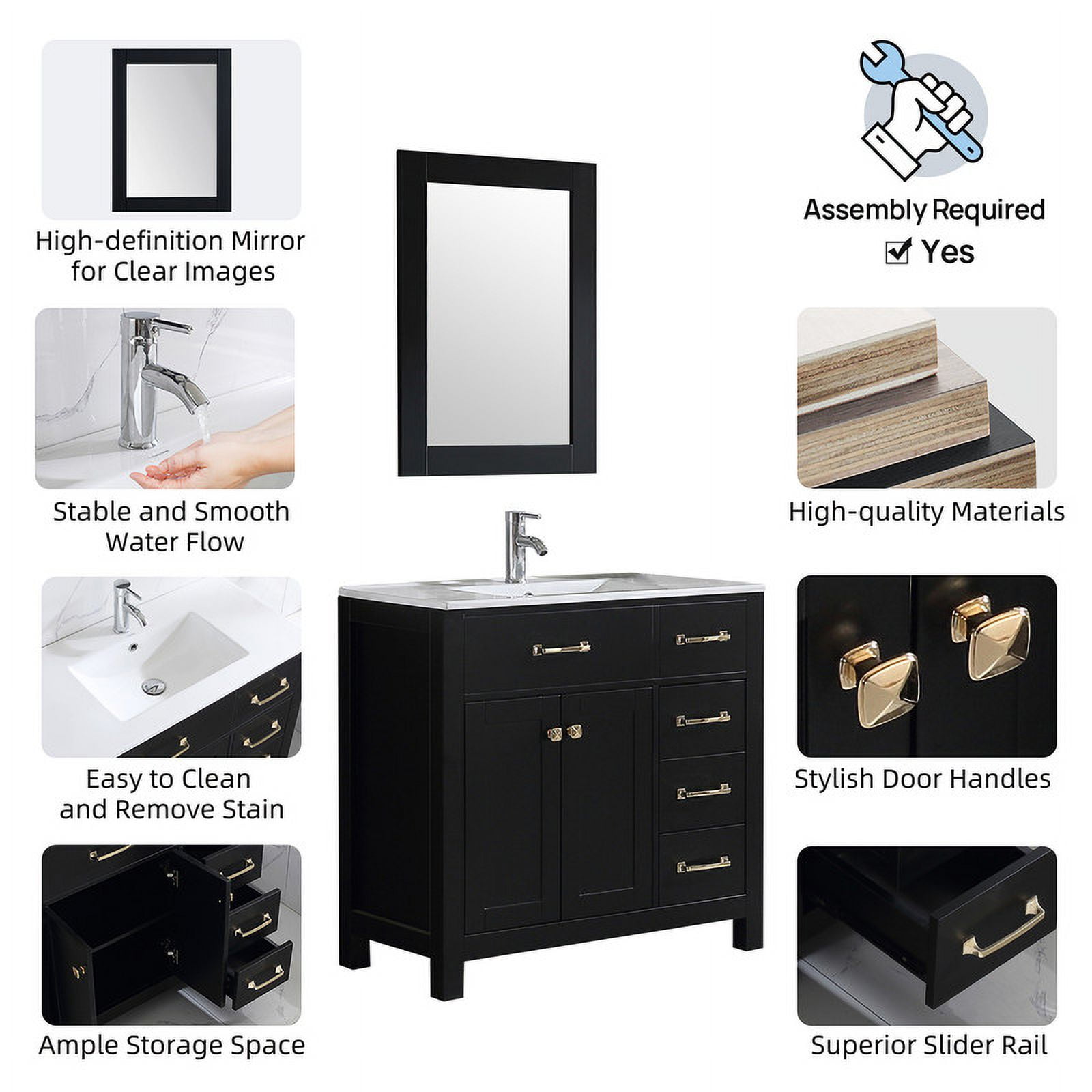 Wonline 36" Luxurious Bathroom Vanity with Sink Combo Set,Free Standing Bathroom Vanity Cabinet w/Thickened Wood, Faucet, Painted Surface, Mirror, Black