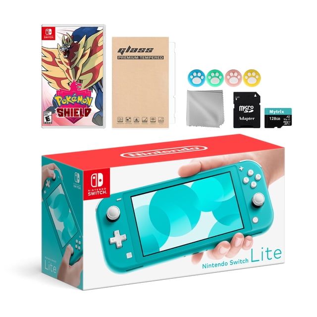 Nintendo Switch Lite Turquoise with Pokemon Shield, Mytrix 128GB MicroSD Card and Accessories NS Game Disc Bundle Best Holiday Gift