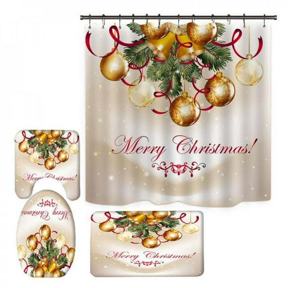 Christmas 3D Digital Printing Holiday Decoration-Elements Happy Shower Set Bathroom Shower Curtain Bathroom Base Mat Toilet Mat