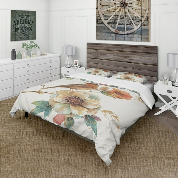 Designart 'Farmhouse Bird on Flower Branch' Cottage Duvet Cover Set