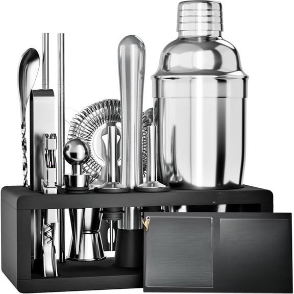 15-Piece Mixology Bartender Kit with Stand, Silver Stainless Steel Bar Tool Set with Cocktail Shaker, Double Jigger, Strainer, Spoon, Tongs & Opener, Home Bar Drink Mixing Gift Set