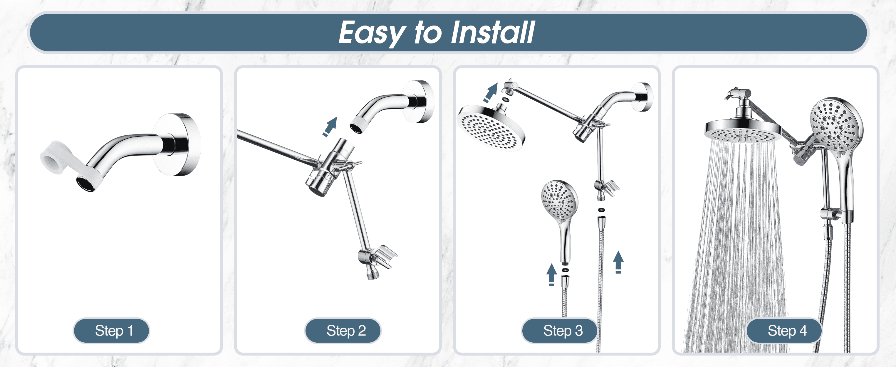 BRIGHT SHOWERS Rain Shower Head with Handheld Spray Built-in Power Wash, High Pressure Dual Shower Head with Height Adjustable Extension Arm, 3-Way Diverter, 9 Settings Handheld, 69" Hose, Chrome