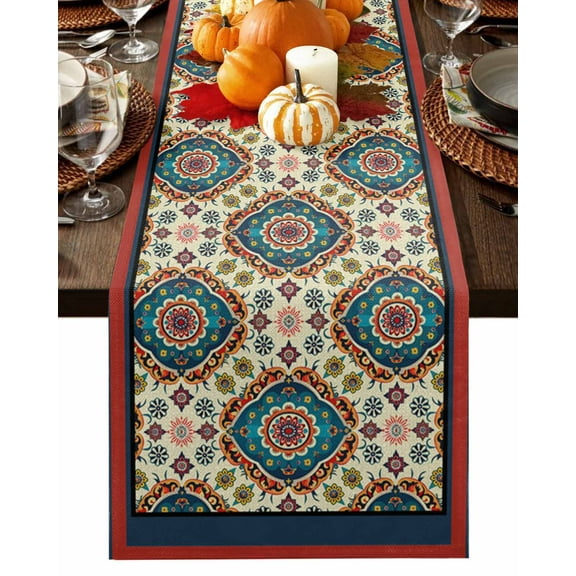 Oriental Boho Flower Table Runner-Cotton Linen- 70 Inch Holiday Dresser Scarves, Tribal Patterns Ethnic Farmhouse Tablerunner for Kitchen Coffee/Dining Bedroom Living Room Dinner Scarf Décor 13x70
