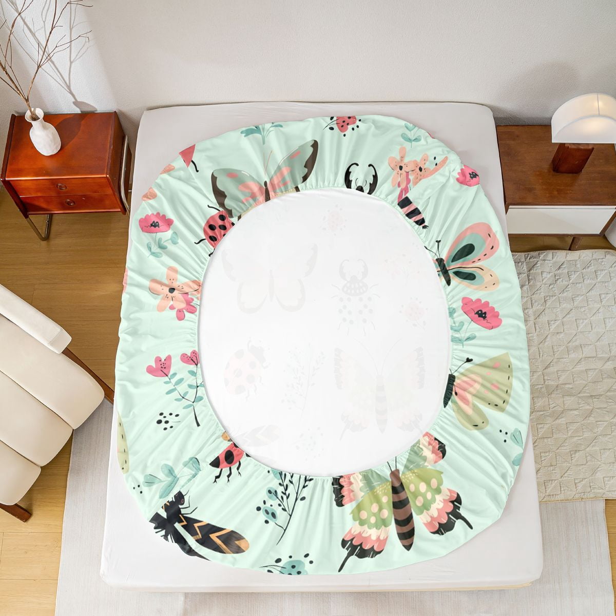 Homewish Teens Insect Lover Twin Sheet Sets, Cute Moth Dragonfly Ladybug Twin Fitted Sheet, Rustic Flower Floral Flat Sheet, Lightweight Room Decor, 3pcs