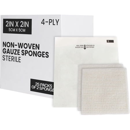 Sterile Gauze Pads, 2” x 2” Disposable 4-Ply Non-Woven Gauze Sponges, 50 Count for Wound Dressing and First Aid Kits, 25 Individually Wrapped Pairs