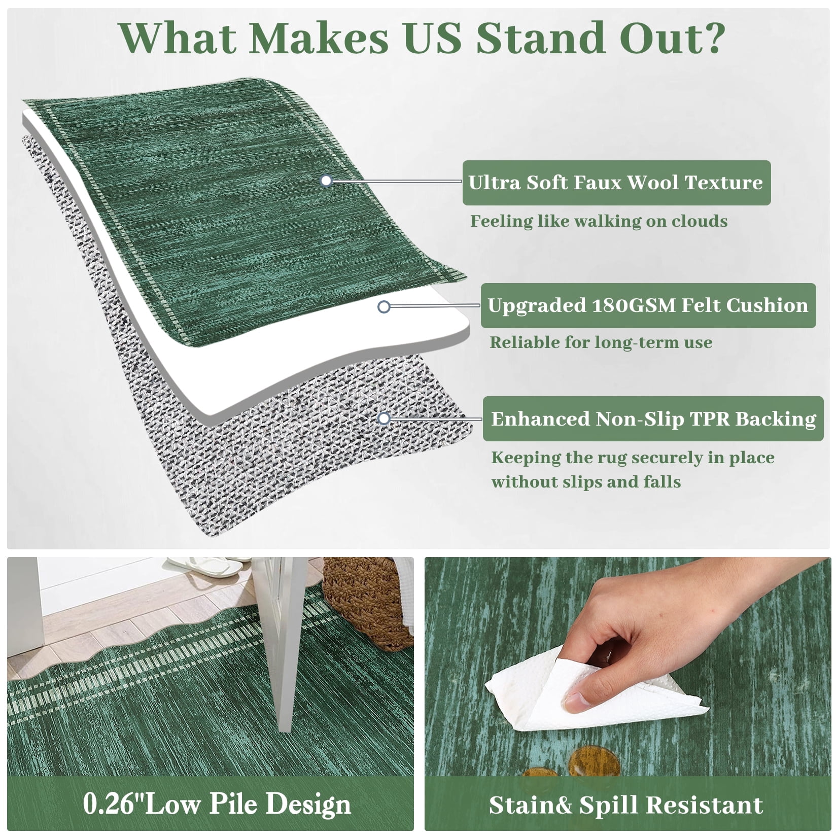 Twister.CK Modern 10' x 13' Bordered Area Rug, Washable Irregular Rugs, Non-Slip Carpet for Bedroom Dining Room Home Office, Green