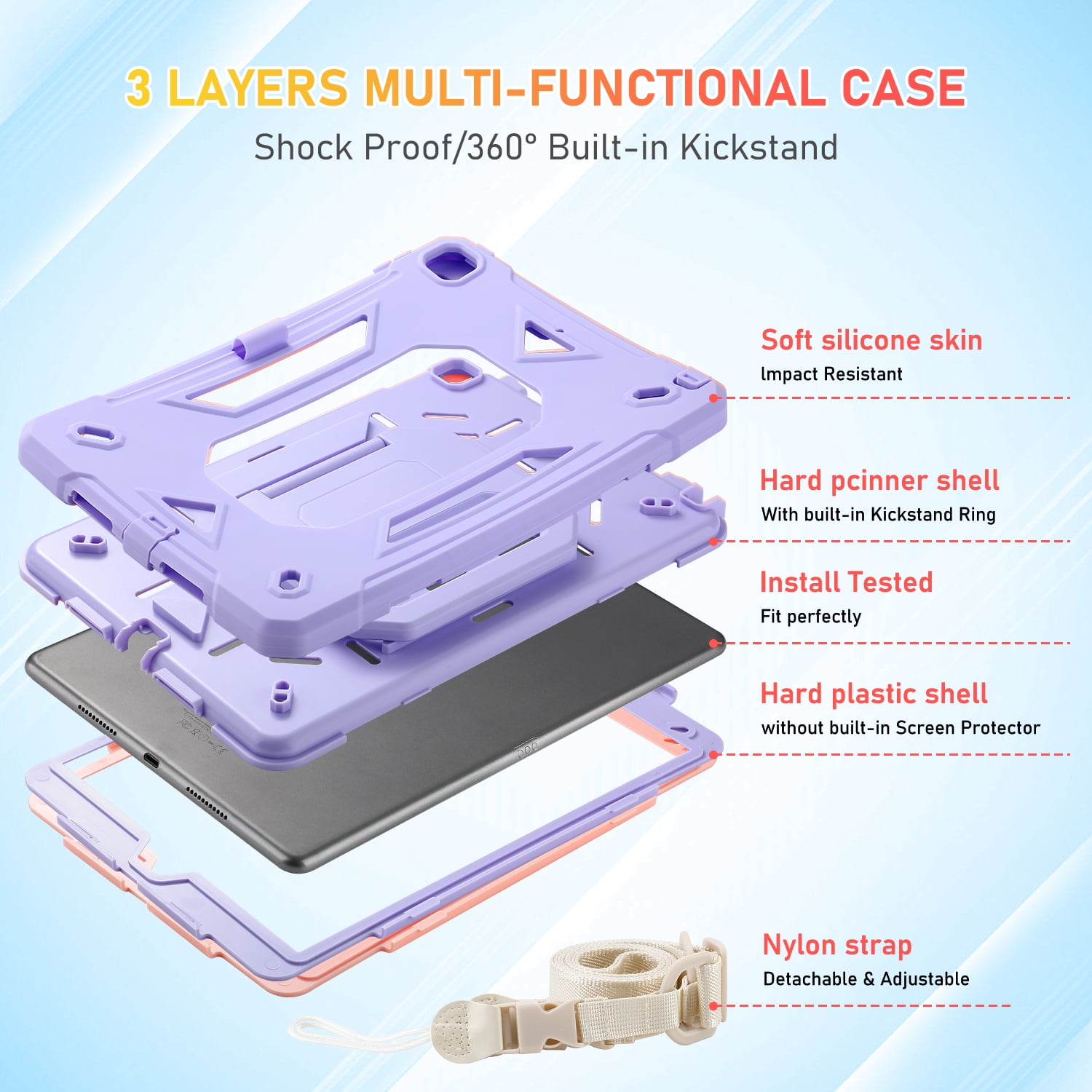Allytechgroup Heavy Duty Shockproof Case Cover for Apple iPad 9th 8th 7th Generation, Ultimate Protection with Handle Stand, Shoulder Strap, and Pencil Holder Kids Friendly, Lightpurple